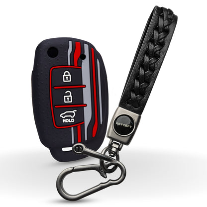 Keycept Tristar Silicone Car Key Cover for Hyundai Creta, Venue, Aura, i20, Grand i10 Nios, Xcent 3 Button Flip Key with Keychain (Type K5)