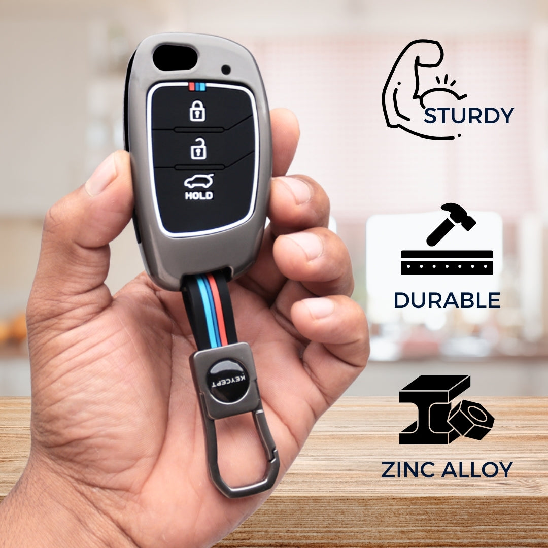 Keycept Metal Alloy Car Key Cover for Hyundai Creta, Venue, Aura, i20, Grand i10 Nios, Xcent Key Cover with Keychain (Type M1)