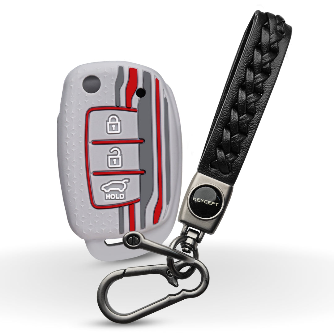 Keycept Tristar Silicone Car Key Cover for Hyundai Creta, Venue, Aura, i20, Grand i10 Nios, Xcent 3 Button Flip Key with Keychain (Type K5)