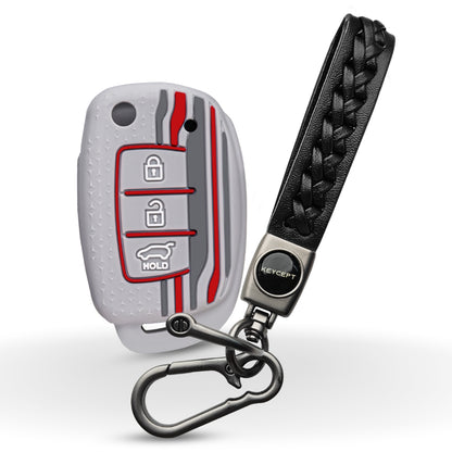 Keycept Tristar Silicone Car Key Cover for Hyundai Creta, Venue, Aura, i20, Grand i10 Nios, Xcent 3 Button Flip Key with Keychain (Type K5)