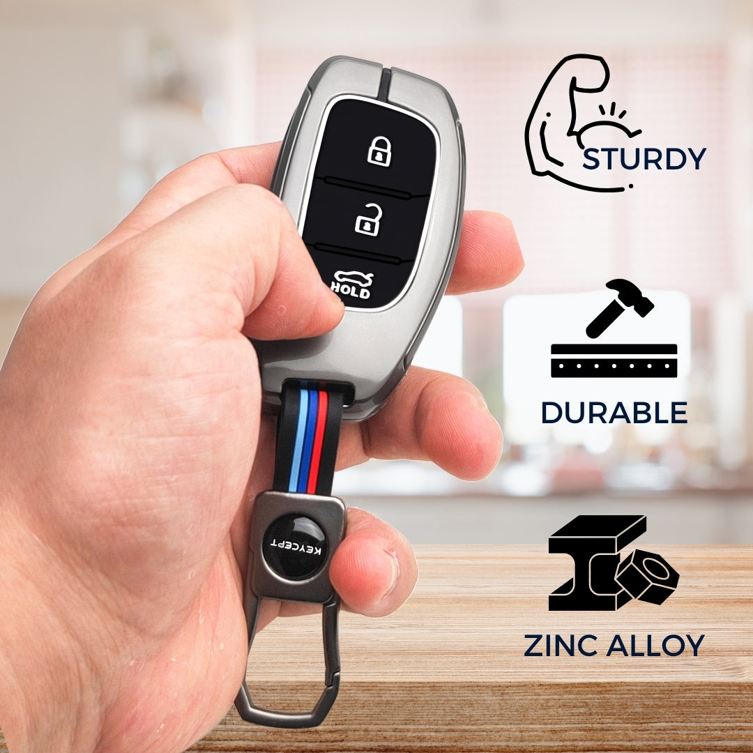 Keycept Metal Alloy Car Key Cover for Hyundai Grand i10 NIOS Asta, Venue, i20, Aura, Creta, Elantra - 3 Button Smart Key Cover with Keychain (Dual Black & Tan)