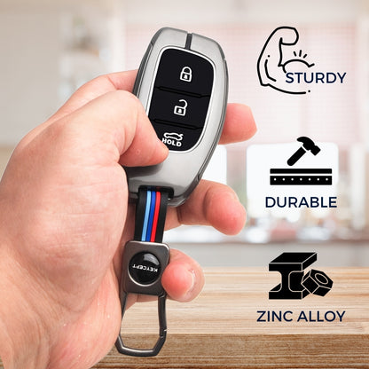 Keycept Metal Alloy Car Key Cover for Hyundai Grand i10 NIOS Asta, Venue, i20, Aura, Creta, Elantra - 3 Button Smart Key Cover with Keychain (Dual Black & Tan)