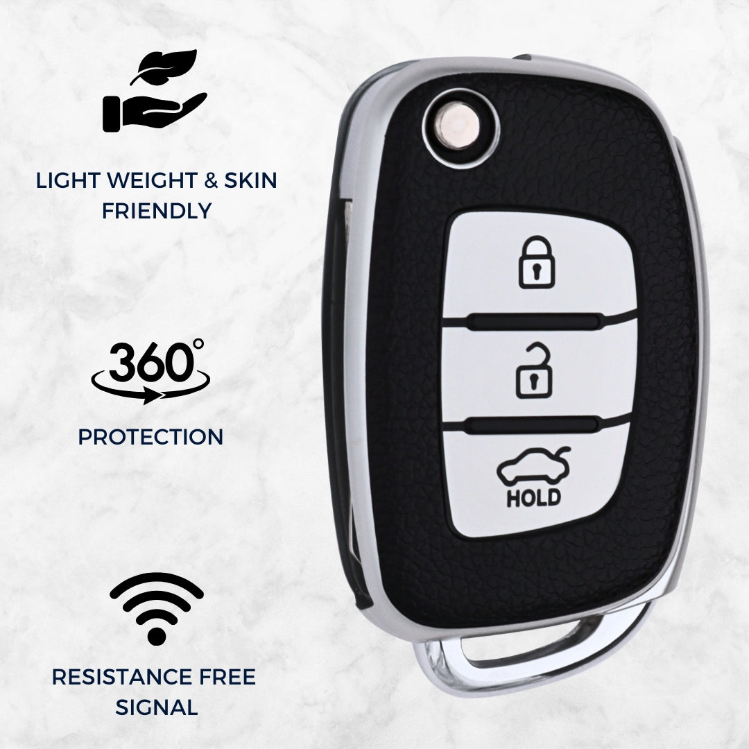 TPU Leather Key Cover For Hyundai Creta, Venue, Aura, i20, Grand i10 Nios, Xcent 3 Button Flip Key With Keychain.