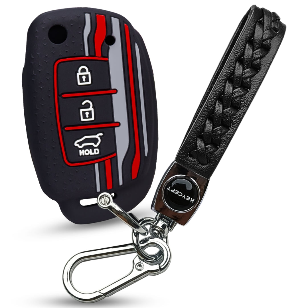 Keycept Tristar Silicone Car Key Cover for Hyundai Creta, Venue, Aura, i20, Grand i10 Nios, Xcent 3 Button Flip Key with Keychain (Type K5)