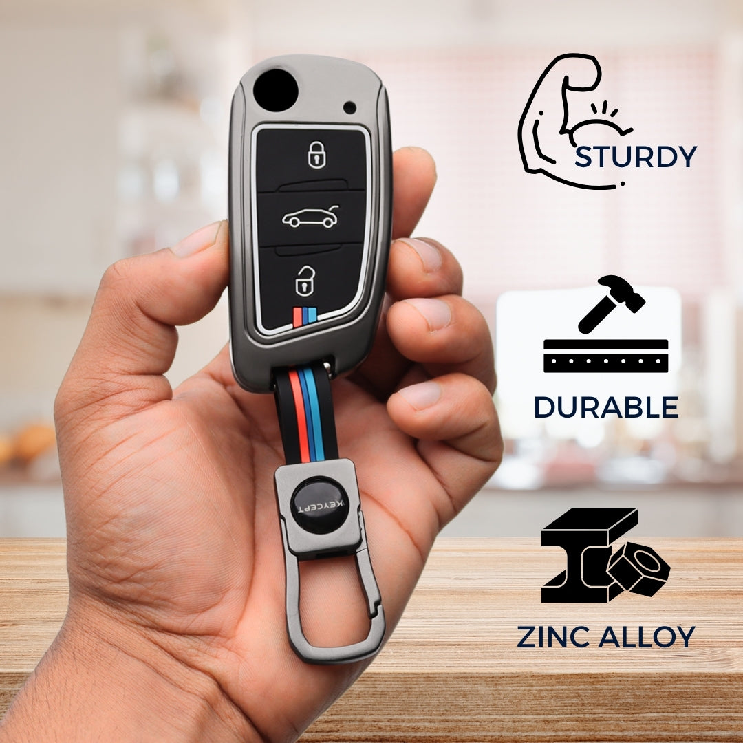 Keycept Metal Alloy Car Key Cover for Universal B11 DS aftermarket remote Key Cover with Keychain (Dual Black & Tan)