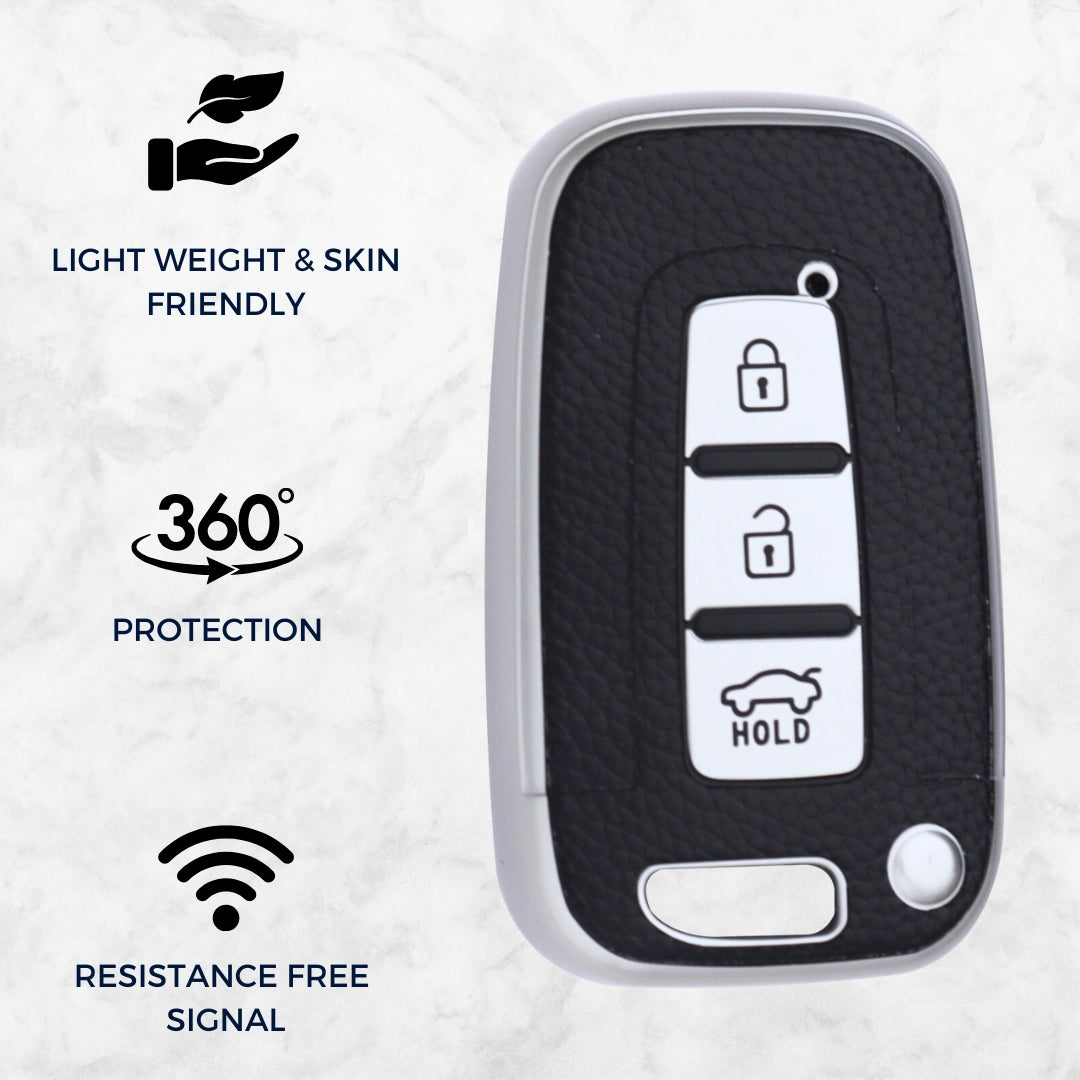 TPU Leather Key Cover For Hyundai Elantra, Old Verna, Old i20 Push Button Smart Key with Keychain.