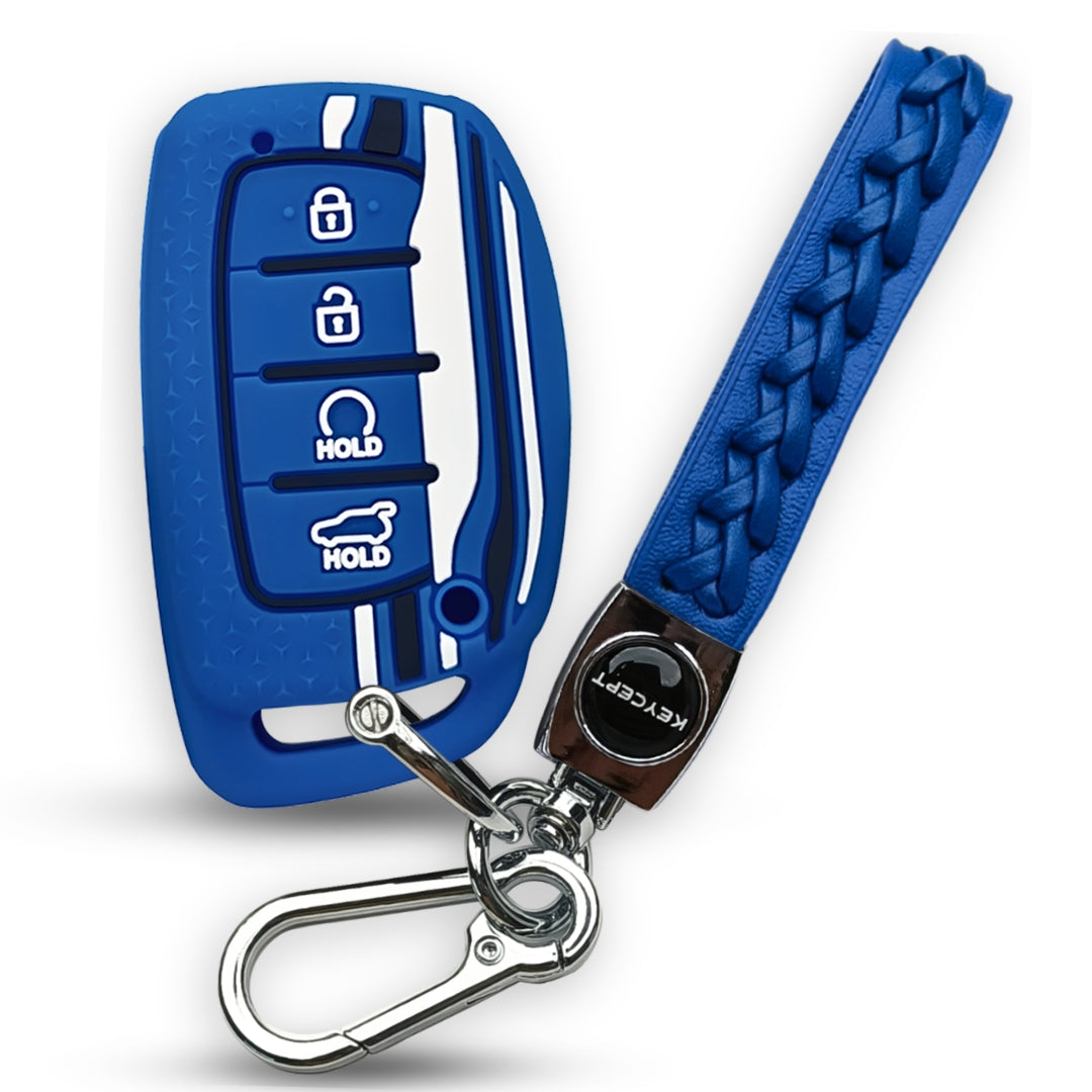 Blue TriStar Silicone Key Cover for Hyundai Alcazar, Creta 2021+ With Keychain