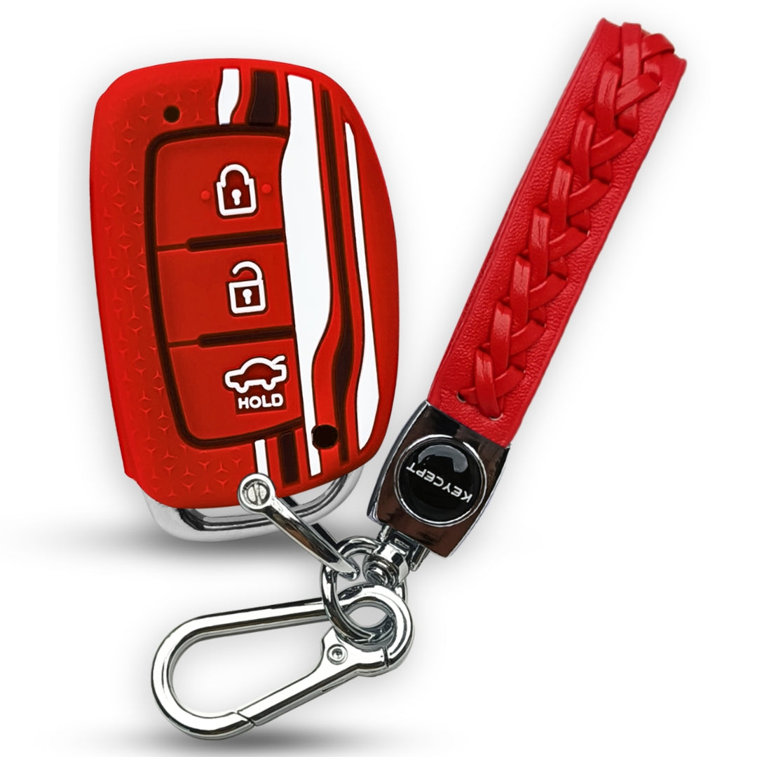 Red TriStar Silicone Key Cover for Hyundai Creta, Venue, Aura, i20, Grand i10 Nios, Xcent with Keychain