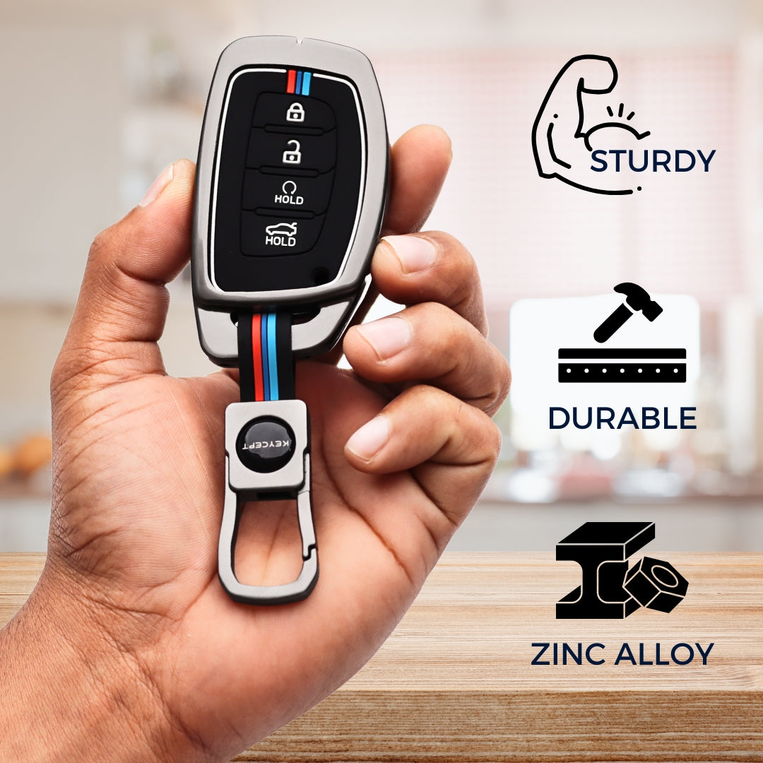 Keycept Metal Alloy Car Key Cover for Hyundai Alcazar, Creta, Tucson Key Cover with keychain