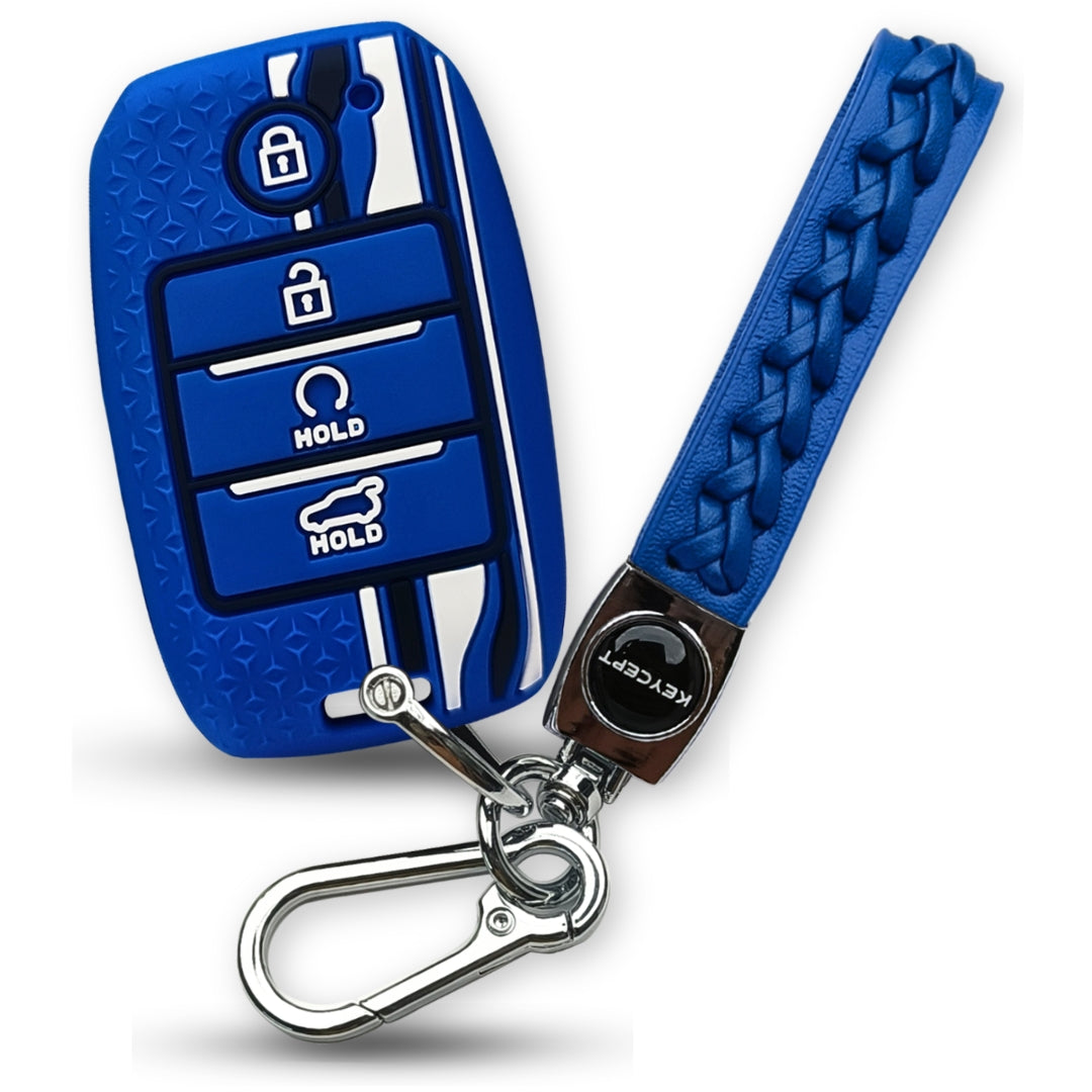 Blue TriStar Silicone Car Key Cover for Kia Seltos 4 Button smart key with Keychain