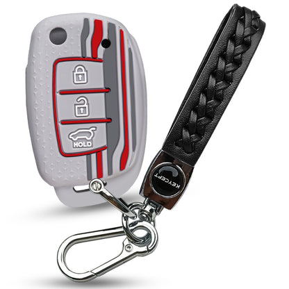 Keycept Tristar Silicone Car Key Cover for Hyundai Creta, Venue, Aura, i20, Grand i10 Nios, Xcent 3 Button Flip Key with Keychain (Type K5)