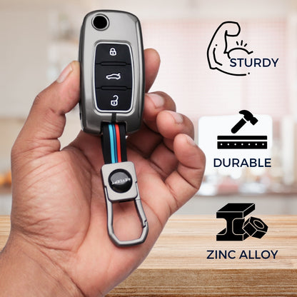 Keycept Metal Alloy Car Key Cover for Skoda/ Volkswagen Polo, Vento, Jetta, Ameo, Passat, Rapid Laura Superb Octavia, Fabia, Yeti 3 button Flip key  Cover with Keychain (Dual Black & Tan)