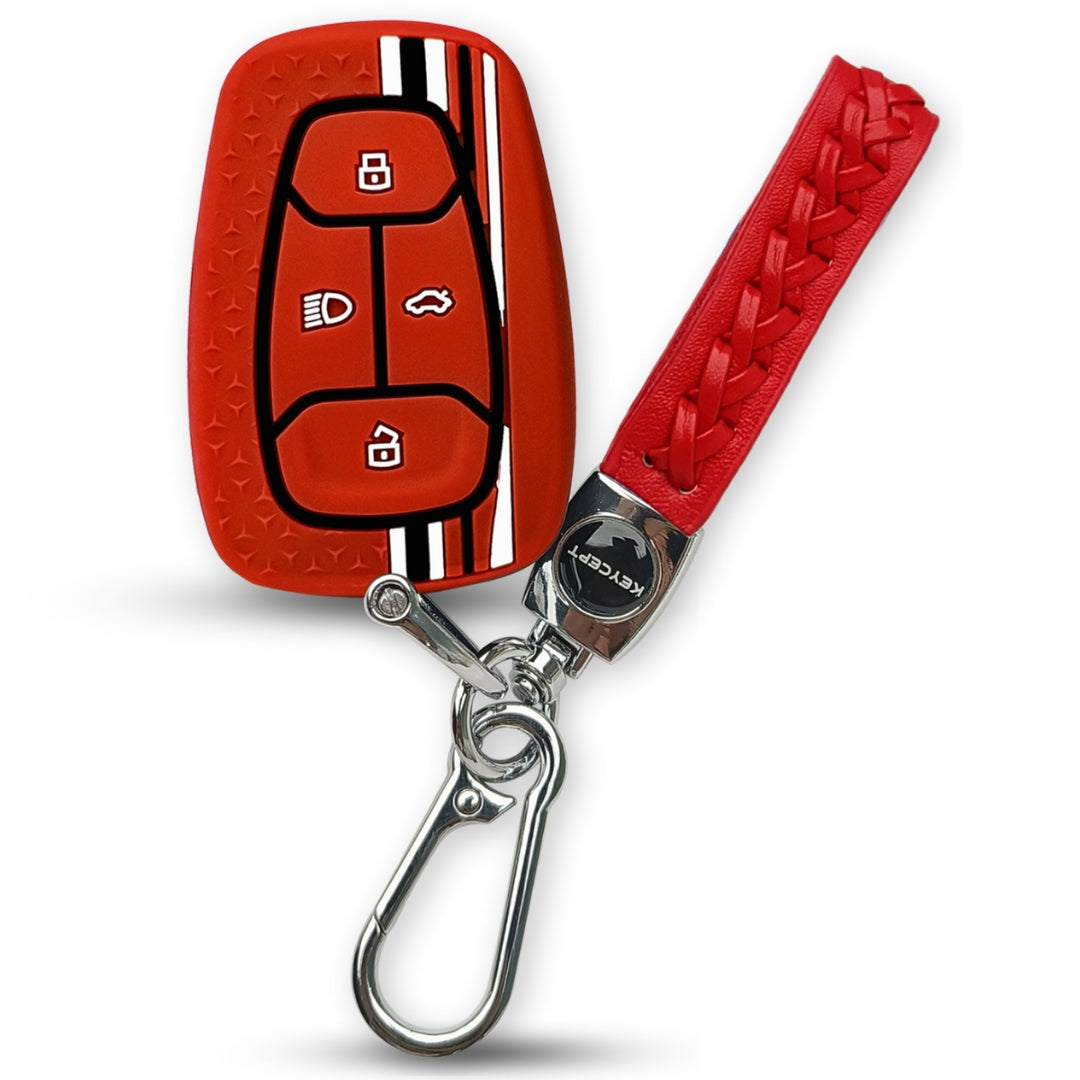 Red TriStar Silicone Key Cover for Tata Nexon, Altroz, Harrier, Tigor, Punch, EV, Safari 2021 Smart Key with Keychain