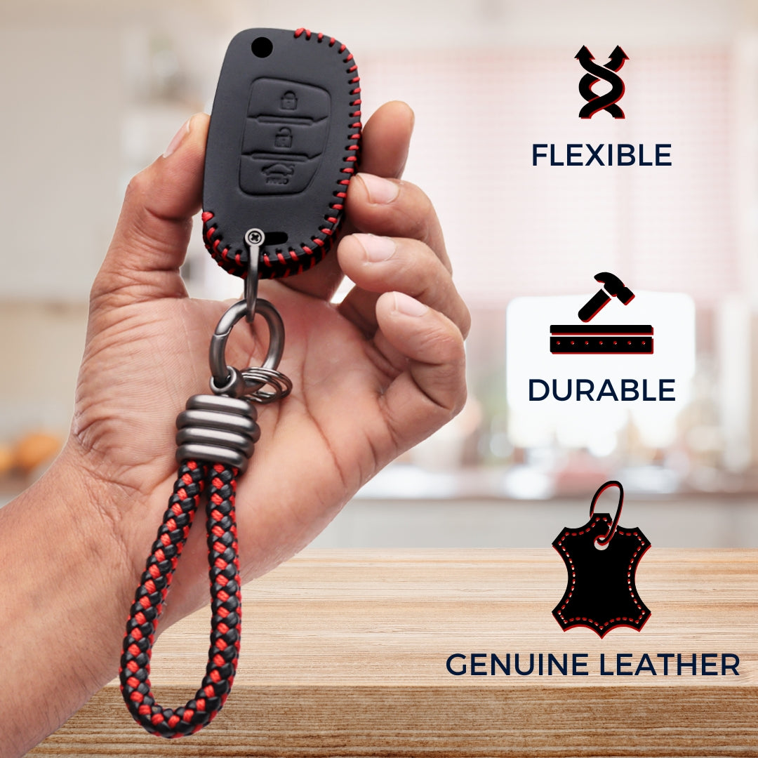 keycept leather key cover for Creta, Venue, Aura, i20, Grand i10 Nios, Xcent 3 button smart key With Keychain.