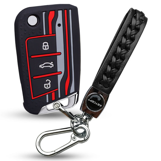 Keycept Tristar Silicone Car Key Cover for Skoda Kushaq, Octavia, Kodiaq, Superb, Slavia, Passat, Virtus, T Roc 3 Button Flip Key with Keychain (Type K5)