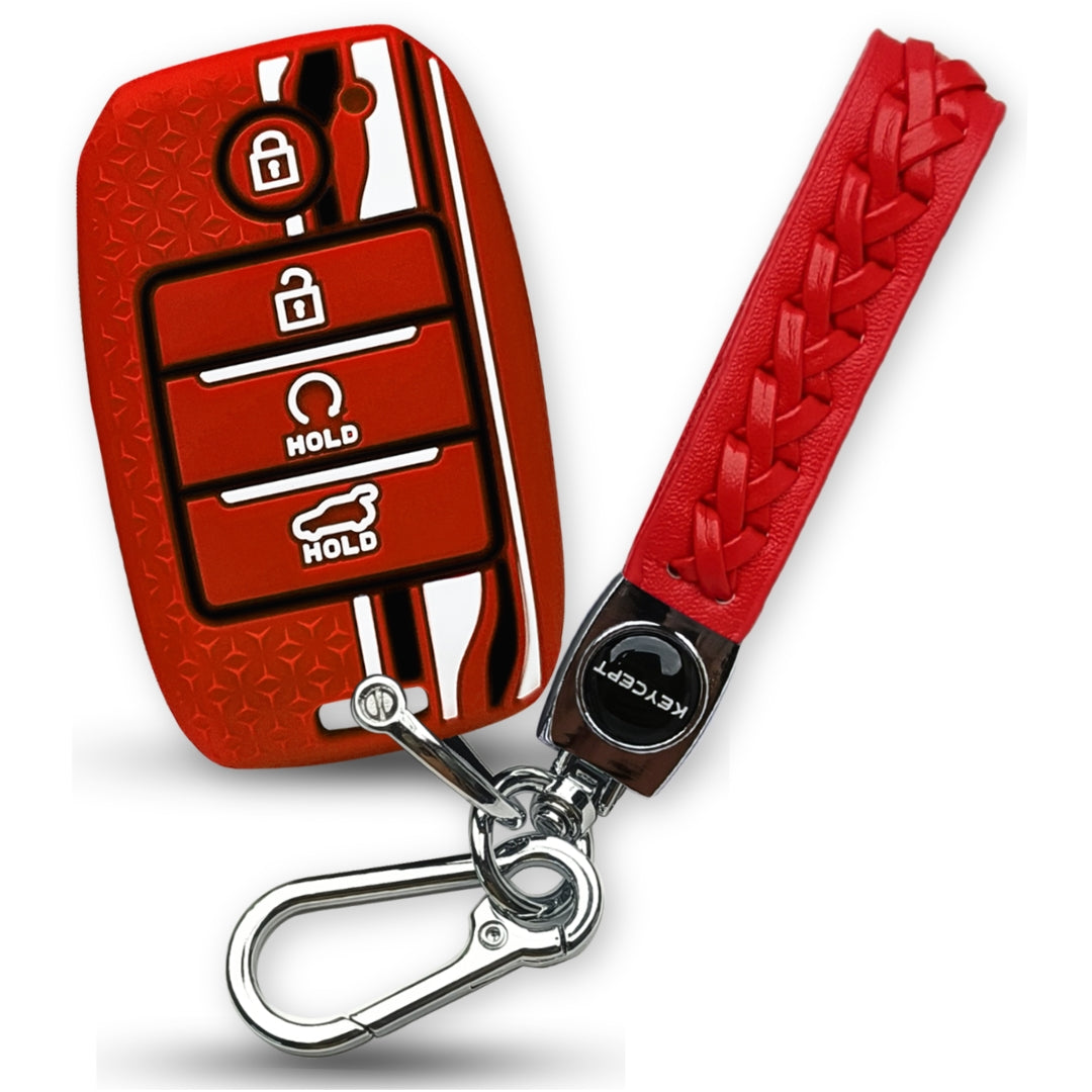 Red TriStar Silicone Car Key Cover for Kia Seltos 4 Button smart key with Keychain