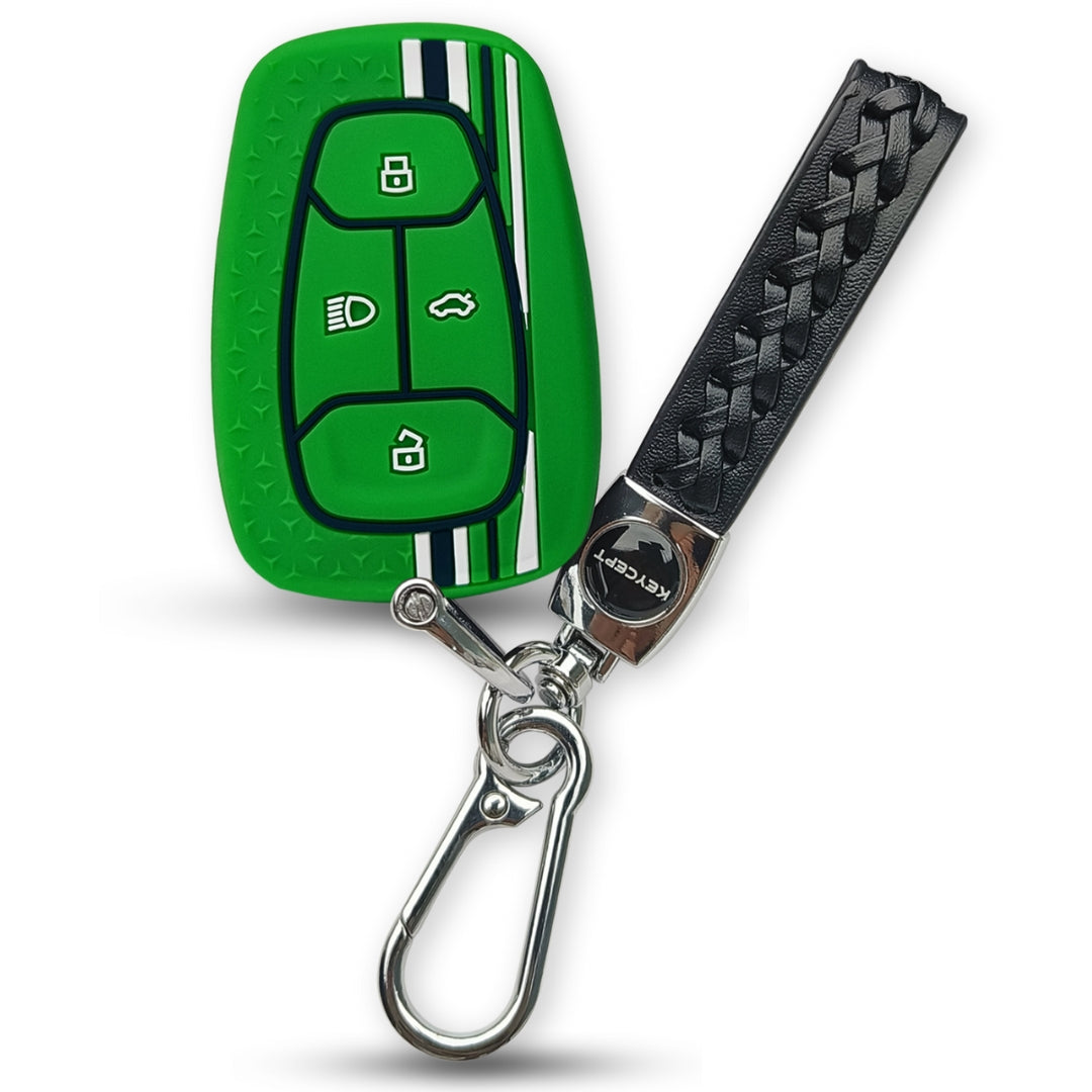 Green TriStar Silicone Key Cover for Tata Nexon, Altroz, Harrier, Tigor, Punch, EV, Safari 2021 Smart Key with Keychain