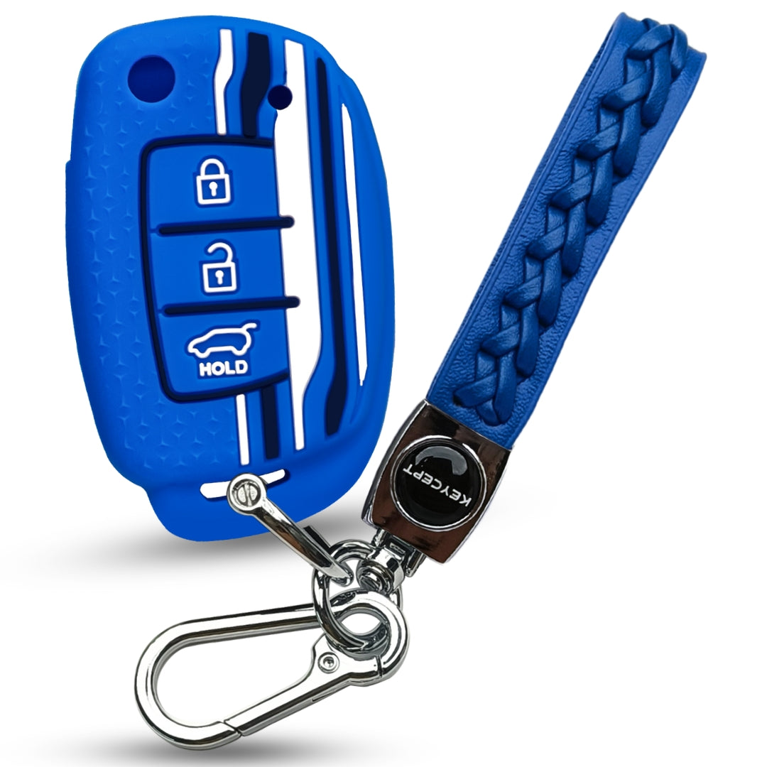 Keycept Tristar Silicone Car Key Cover for Hyundai Creta, Venue, Aura, i20, Grand i10 Nios, Xcent 3 Button Flip Key with Keychain (Type K5)