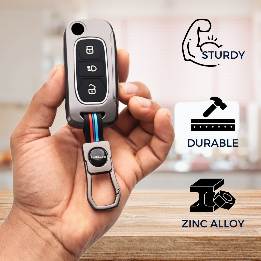 Keycept Metal Alloy Car Key Cover for Tata Tigor, Bolt, Nexon, Hexa, Zest, Tiago, Punch, Safari, Altroz, Storme 3 button Flip Key Cover with Keychain (Type M1)