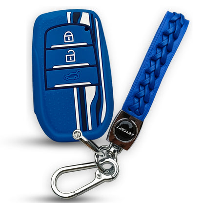 Blue TriStar Silicone Key Cover for Toyota Innova, Crysta, Hycross & Fortuner 3 Button Smart Key with Keychain