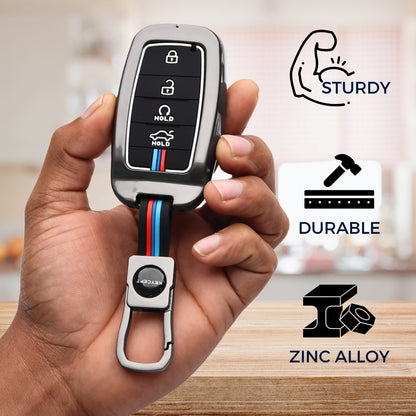 Keycept Metal Alloy Car Key Cover for Kia Seltos, Sonet, Carens 4 Button Smart Key with Keychain (Dual Black & Tan)