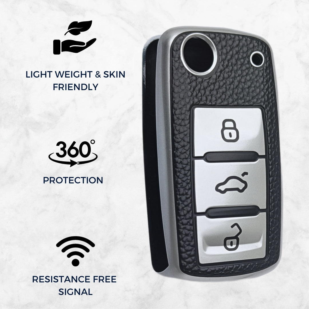 Leather Key Cover Compatible with Skoda/Volkswagen Polo | Vento | Ameo | Passat | Rapid | Laura | Superb | Octavia | Fabia | Yeti 3 Button Flip Key