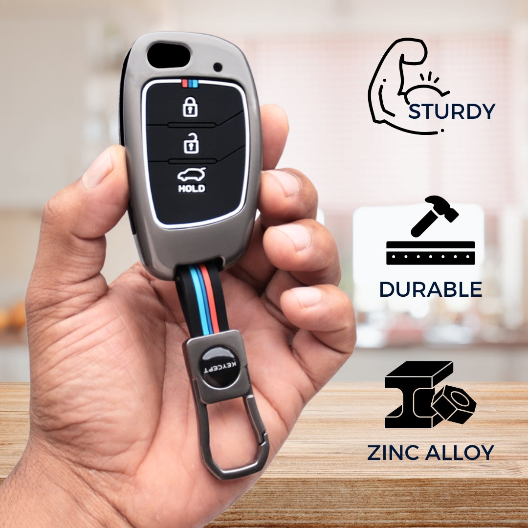Keycept Metal Alloy Car Key Cover for Hyundai Creta, Venue, Aura, i20, Grand i10 Nios, Xcent Key Cover with Keychain (Dual Black & Tan)
