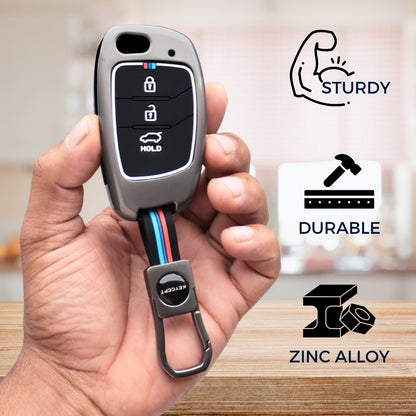 Keycept Metal Alloy Car Key Cover for Hyundai Creta, Venue, Aura, i20, Grand i10 Nios, Xcent Key Cover with Keychain (Dual Black & Tan)