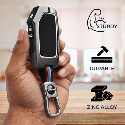 Keycept Metal Alloy Key Cover Compatible with Kia Seltos HTE, Sonet HTE, Carens Premium, Prestige - 3 Button Smart Key with Keychain (Dual Black & Tan)