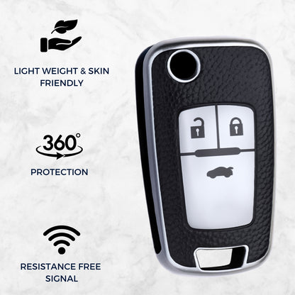 Keycept TPU Leather Car Key Cover for Chevrolet Cruze | Beat | Avio | Spark 3 Button Flip Key Only with keychain (Type K4)