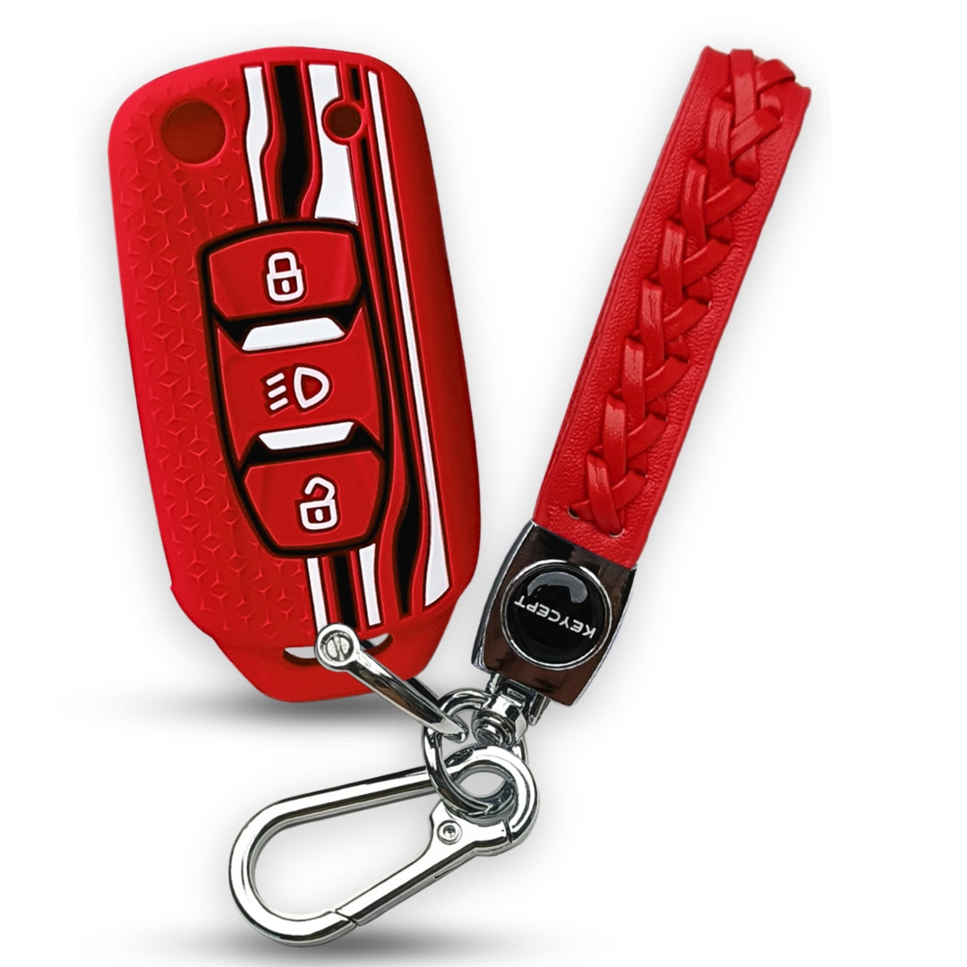 Red TriStar Silicone Key Cover for Tata Tigor, Bolt, Nexon, Hexa, Zest, Tiago, Punch, Safari, Altroz, Storme 3 button Flip Key with Keychain