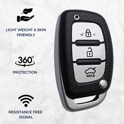 Leather Key Cover compatible for Hyundai i20 New | Venue | Nios | Aura | Creta | Elantra 3 Button Smart Key