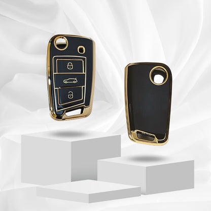 skoda kushaq octavia slavia kodiaq 3 button flip tpu  black gold key cover case keychain