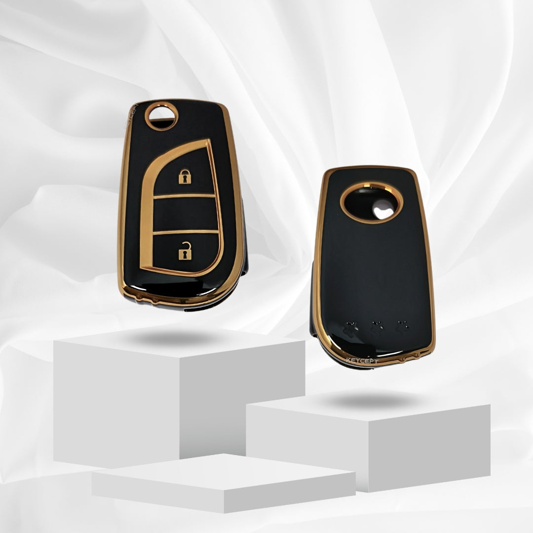toyota corolla innova crysta 2 button flip tpu black gold key cover keychain