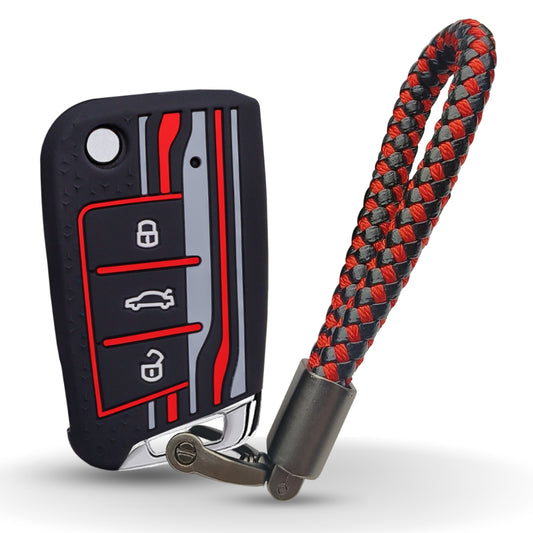 Keycept Tristar Silicone Car Key Cover for Skoda Kushaq, Octavia, Kodiaq, Superb, Slavia, Passat, Virtus, T Roc 3 Button Flip Key with Keychain (Type K6)