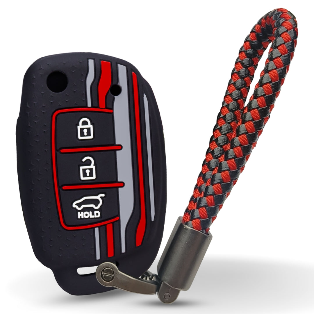 Keycept Tristar Silicone Car Key Cover for Hyundai Creta, Venue, Aura, i20, Grand i10 Nios, Xcent 3 Button Flip Key with Keychain (Type K6)