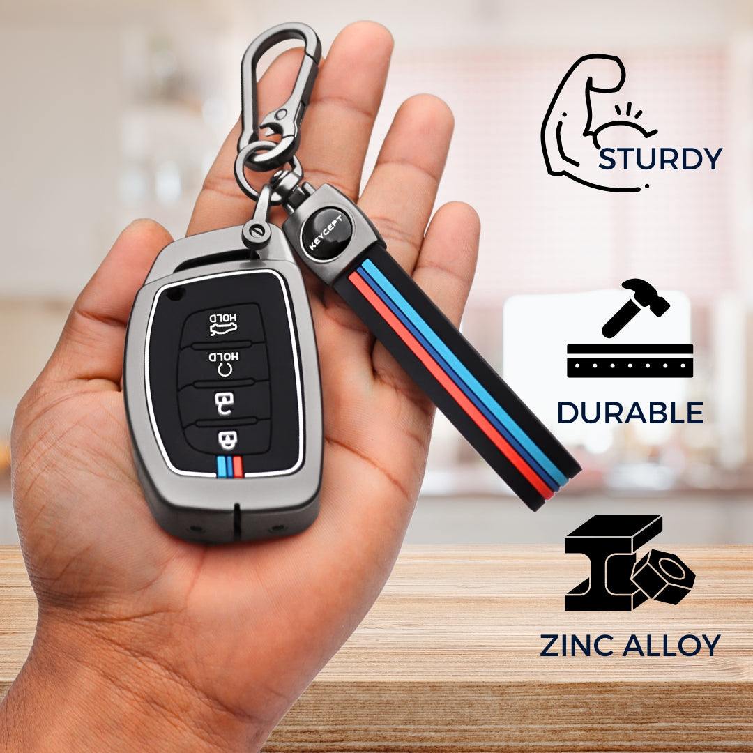Keycept Metal Alloy Key Cover Compatible with Hyundai Alcazar, Creta, Tucson - 4 Button Smart Key Cover with Keychain