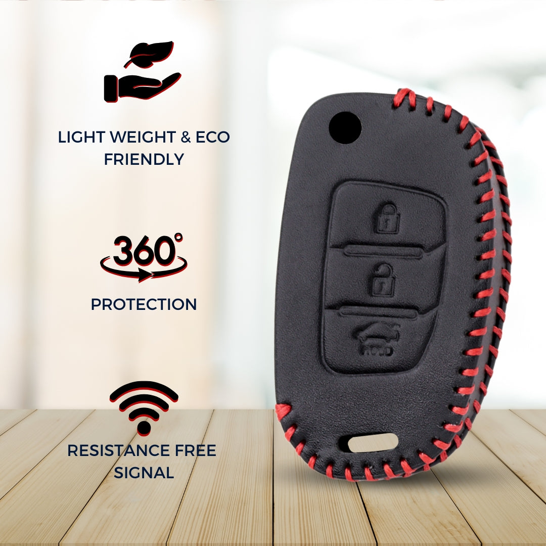 keycept leather key cover for Creta, Venue, Aura, i20, Grand i10 Nios, Xcent 3 button smart key With Keychain.