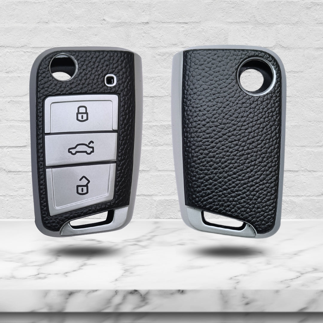 Leather Key Cover Compatible for Skoda/Volkswagen Kushaq | Octavia | Kodiaq | Superb | Slavia | Passat 3B Flip key