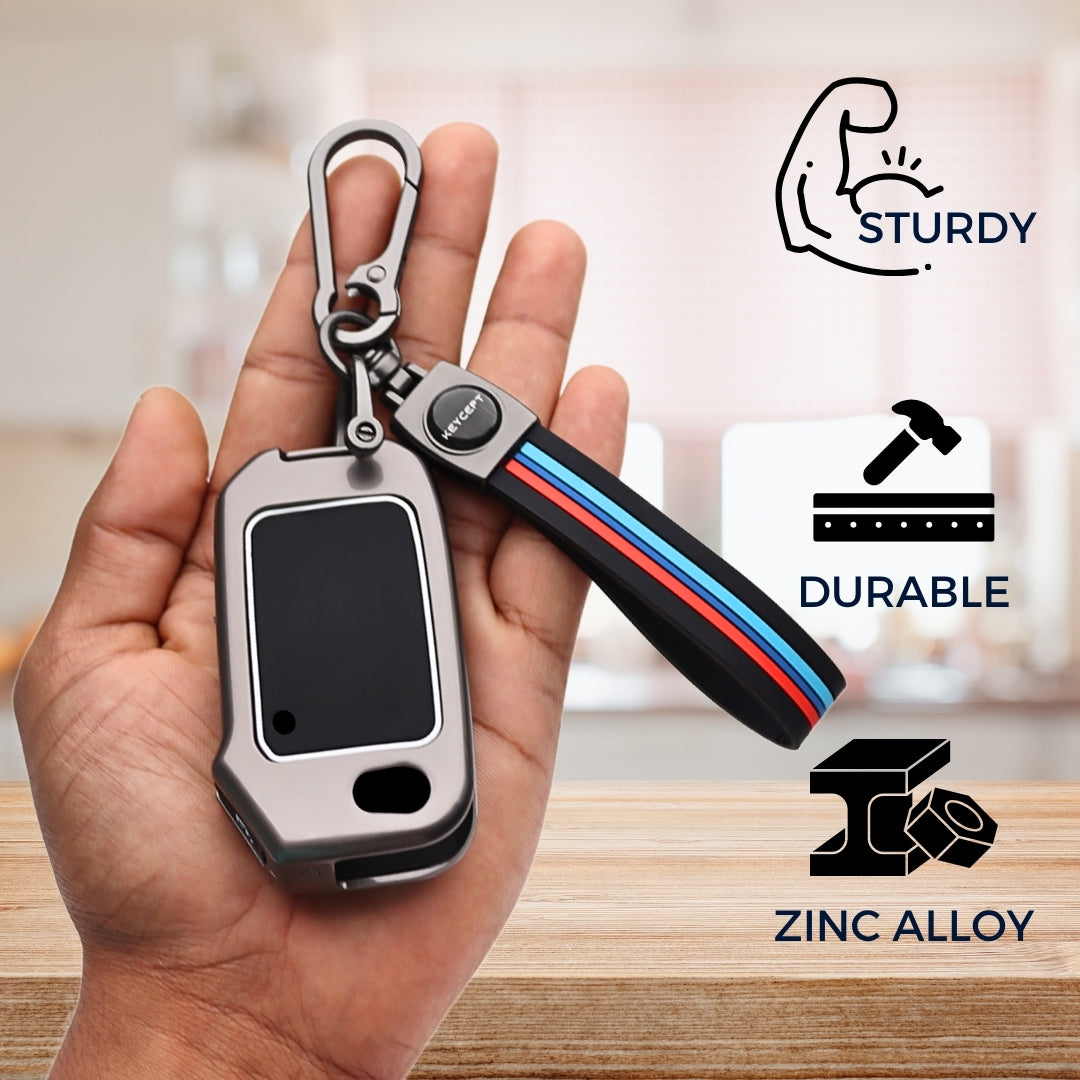 Keycept Metal Alloy Key Cover Compatible with Kia Seltos, Sonet, Carens - 3 Button Flip Key with Keychain