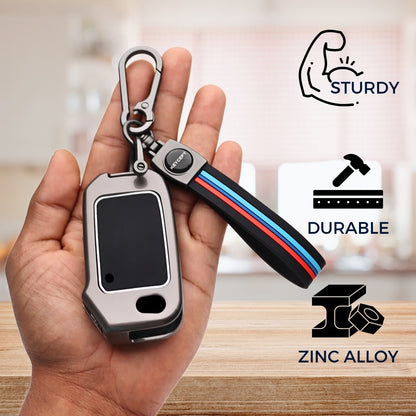 Keycept Metal Alloy Key Cover Compatible with Kia Seltos, Sonet, Carens - 3 Button Flip Key with Keychain