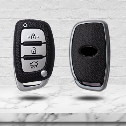 Leather Key Cover compatible for Hyundai i20 New | Venue | Nios | Aura | Creta | Elantra 3 Button Smart Key with Keychain 1