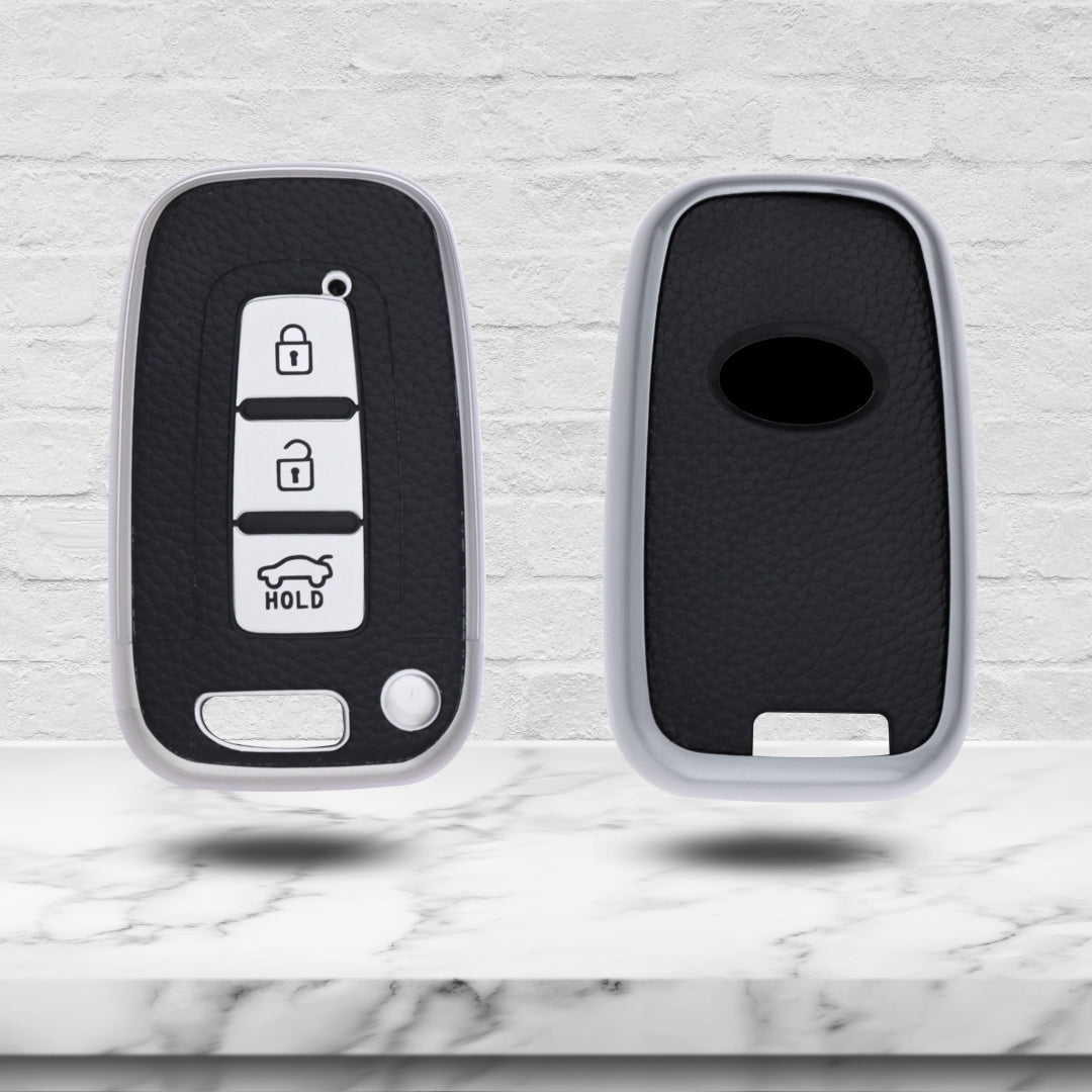TPU Leather Key Cover For Hyundai Elantra, Old Verna, Old i20 Push Button Smart Key with Keychain.