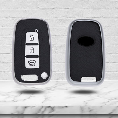 TPU Leather Key Cover For Hyundai Elantra, Old Verna, Old i20 Push Button Smart Key with Keychain.