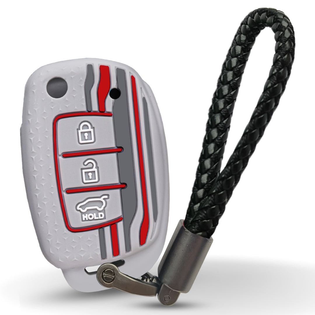 Keycept Tristar Silicone Car Key Cover for Hyundai Creta, Venue, Aura, i20, Grand i10 Nios, Xcent 3 Button Flip Key with Keychain (Type K6)