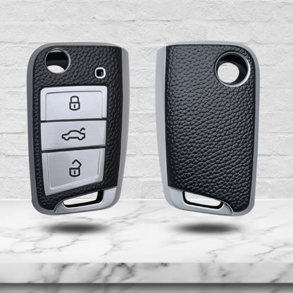 TPU Leather Key Cover Compatible for Skoda and VW - Kushaq | Octavia | Kodiaq | Superb | Slavia | Passat | Taigun | Tiguan | Virtus | T Roc 3B Flip key with Keychain 2