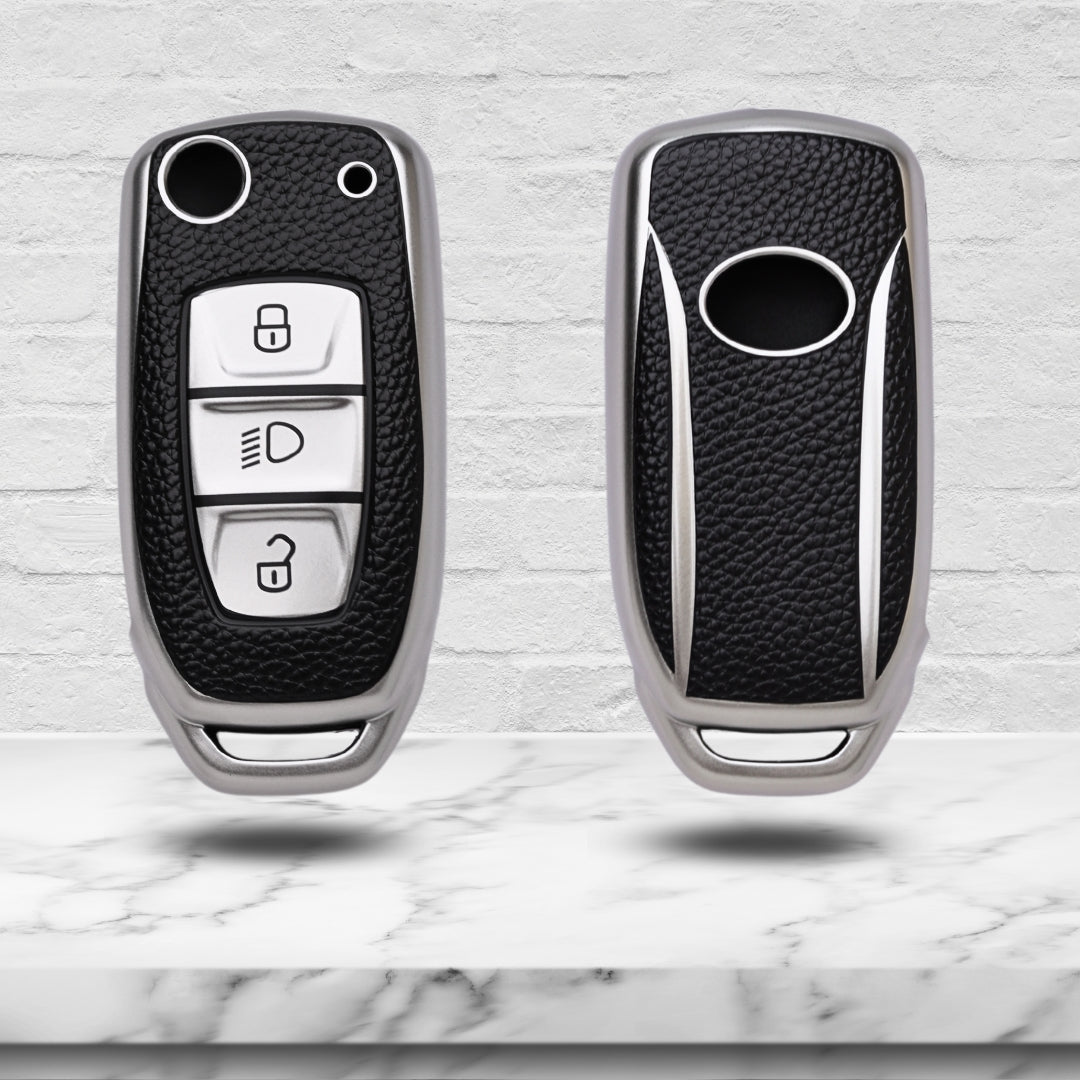 TPU Leather Key Cover Compatible for  Tata Zest | Altroz | Tiago | Punch | Harrier | Safari | Tigor | Hexa | Nexon | Bolt | Storme 3 button Flip Key with Keychain 2
