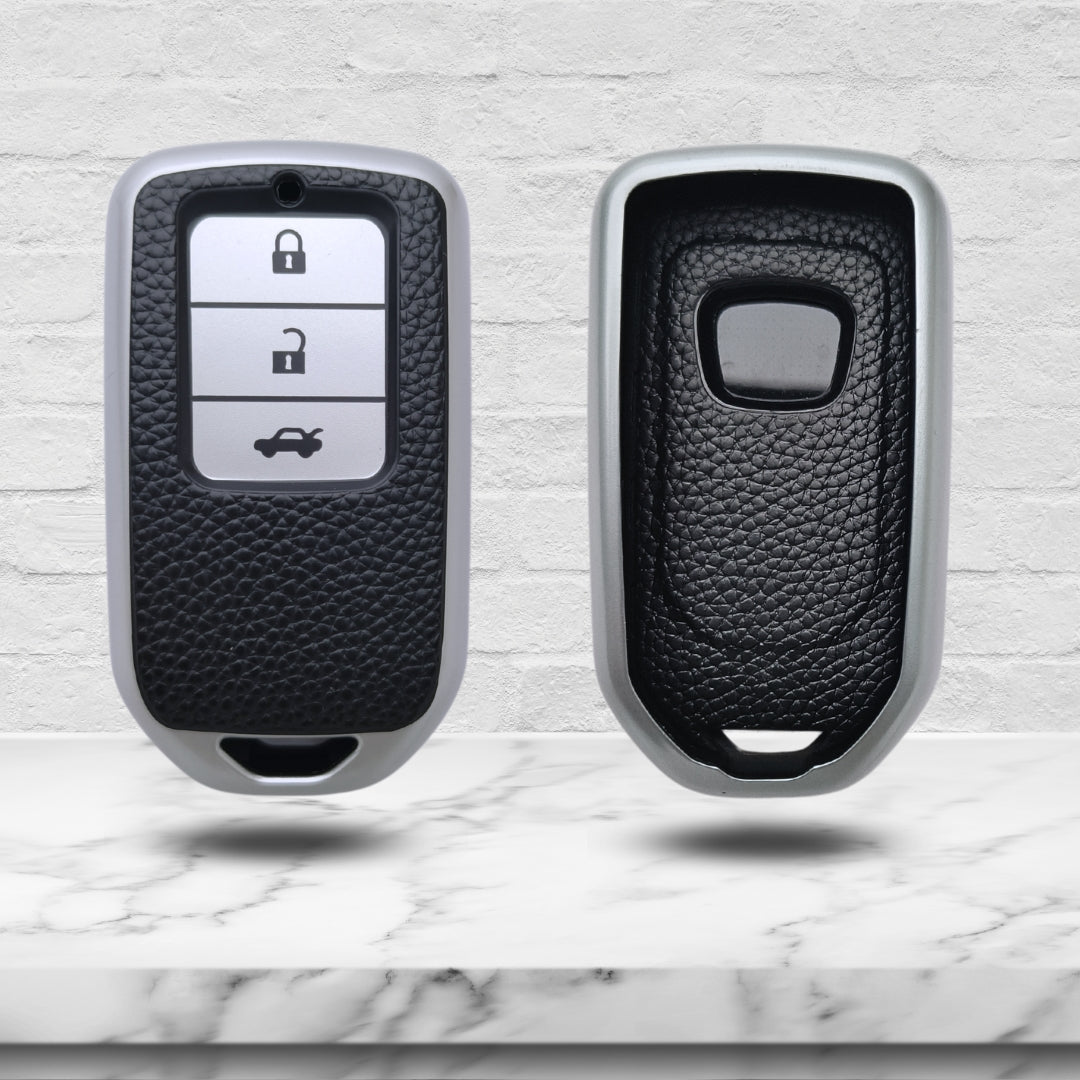 Leather Key Cover Compatible with Honda | Accord | Amaze Jazz | CR-V | WR-V 3| Elevate Button Smart Key with Keychain 1