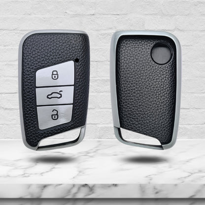 TPU Leather Keycover Compatible with Skoda and Vokswagen Kushaq | Kodiaq 3 Button Smart key with Keychain 2