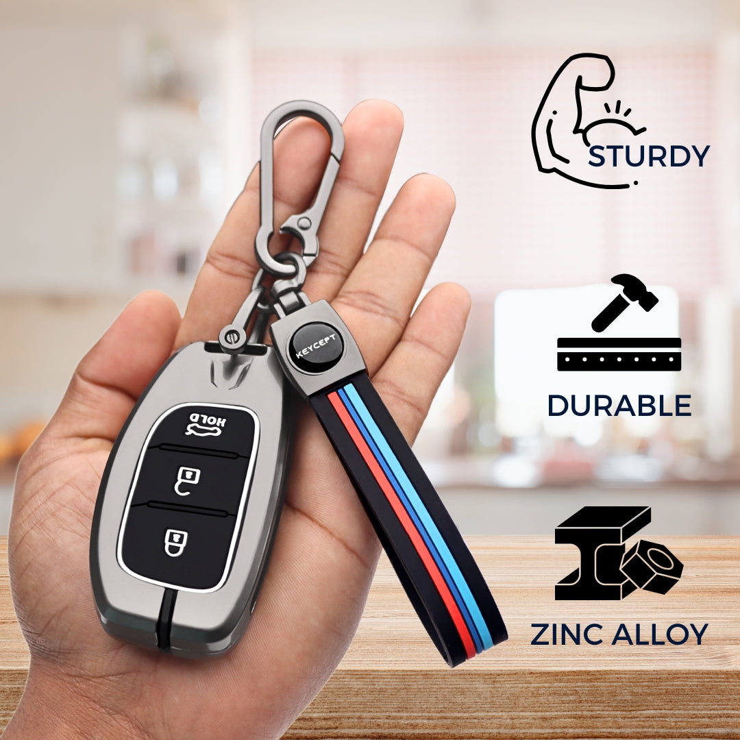 Keycept Metal Alloy Key Cover Compatible with Grand i10 NIOS Asta, Venue, i20, Aura, Creta, Elantra with - 3 Button Smart Key with Keychain